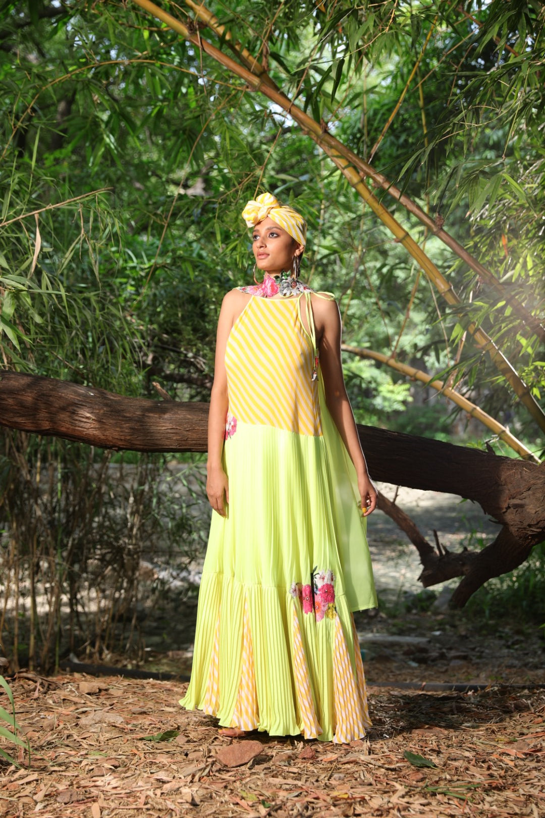 Yellow lehariya and Lime pleated anarkali set