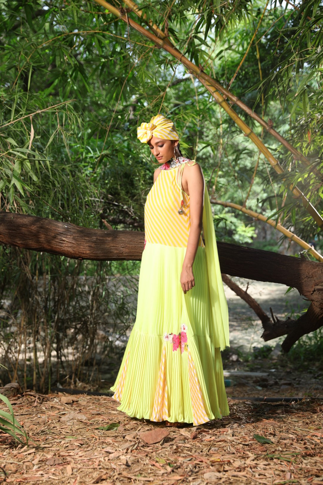 Yellow lehariya and Lime pleated anarkali set