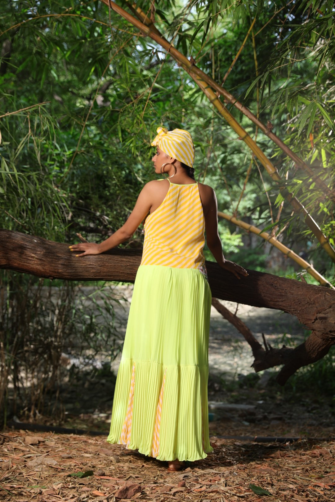 Yellow lehariya and Lime pleated anarkali set