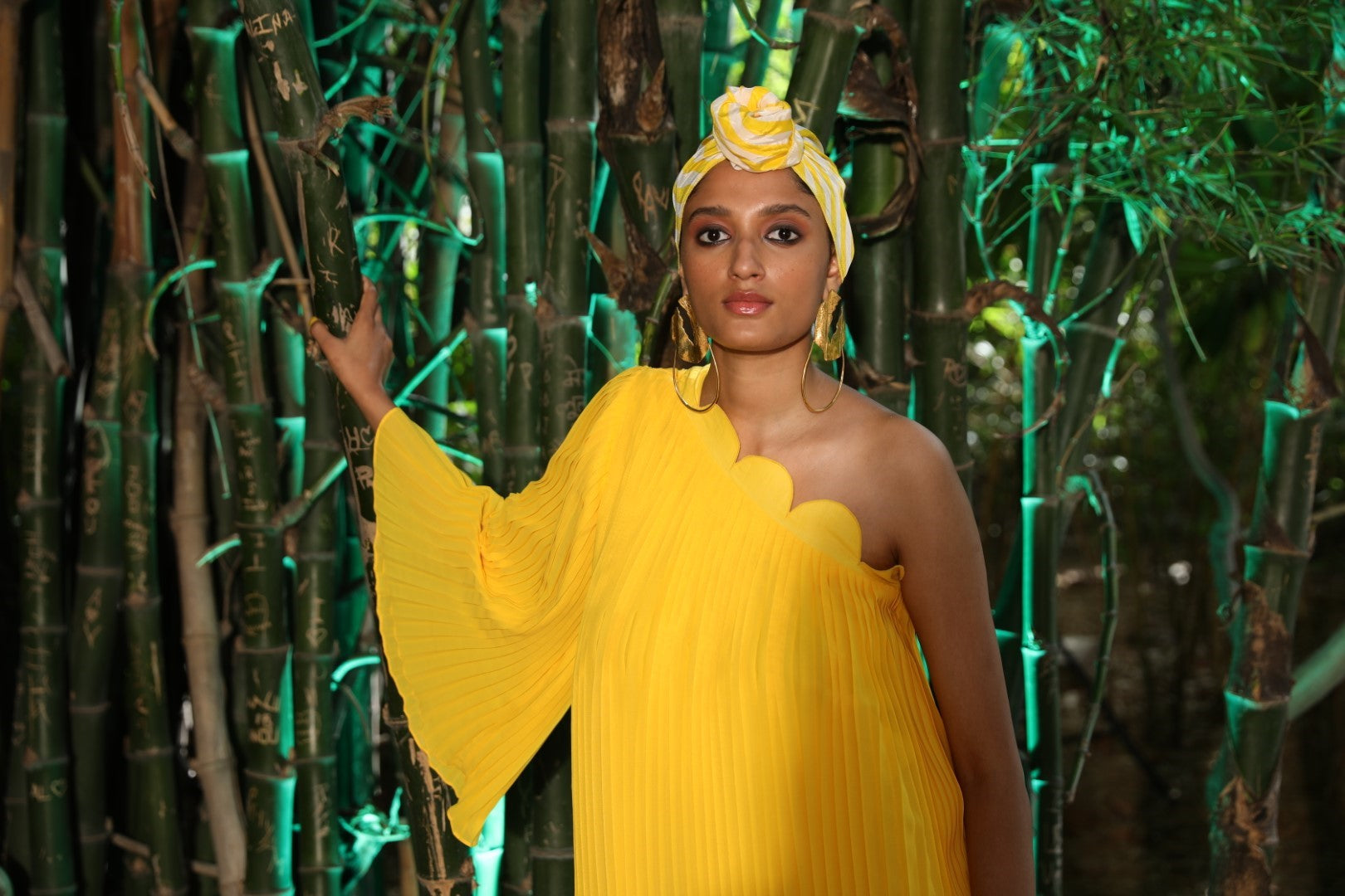 Pitambari yellow one shoulder pleated georgette dress