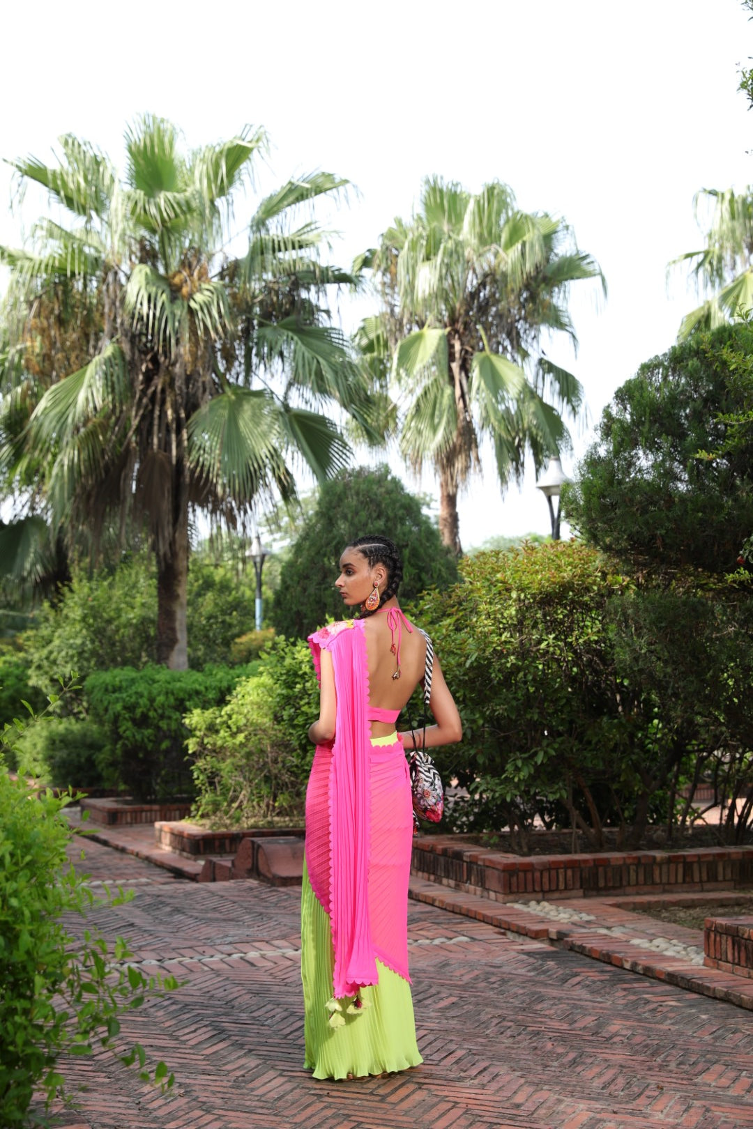 Lime pre-pleated ggt saree with pink palla with pink unstitched blouse fabric