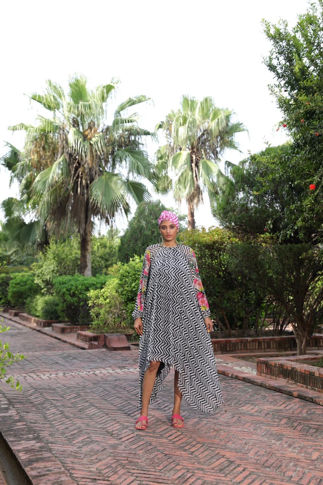 Black chevron Asym ggt dress with embroidered sleeve
