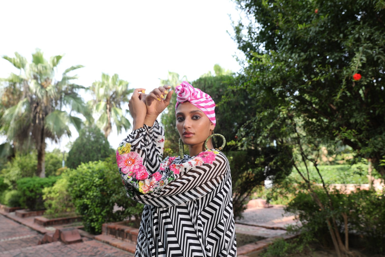 Black chevron Asym ggt dress with embroidered sleeve