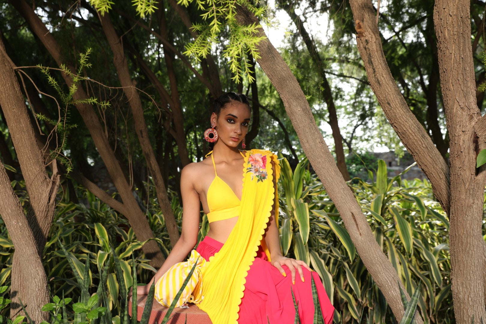 Coral pre-pleated saree with yellow palla with yellow unstitched blouse fabric