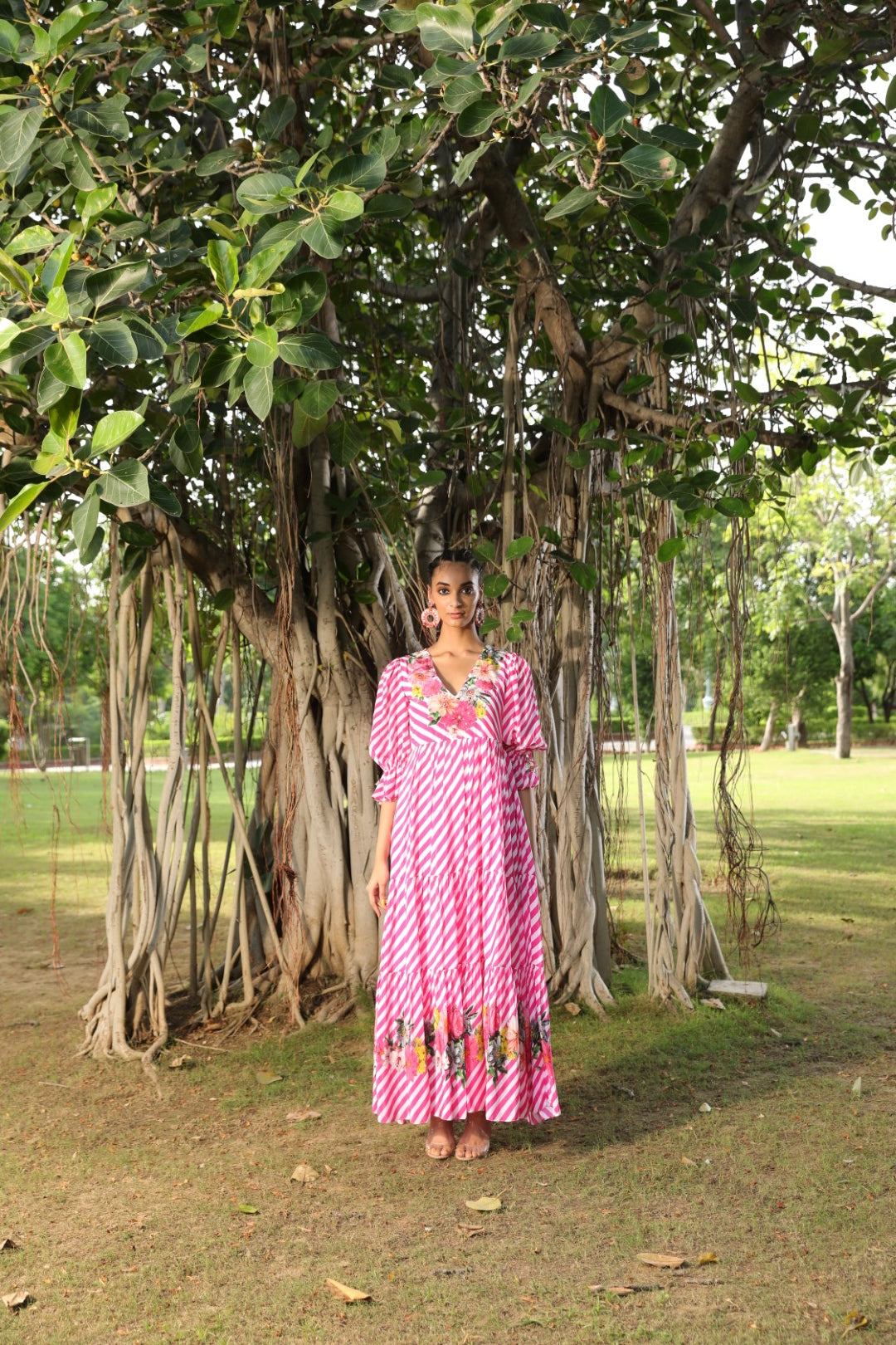 Mithai pink lehariya floral embroidered crepe dress