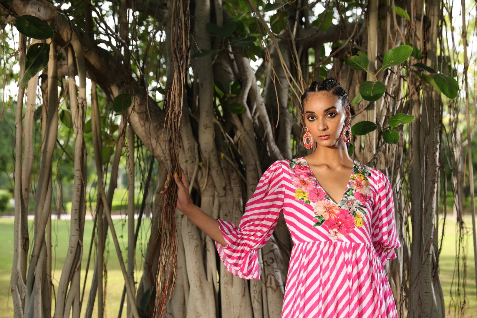 Mithai pink lehariya floral embroidered crepe dress