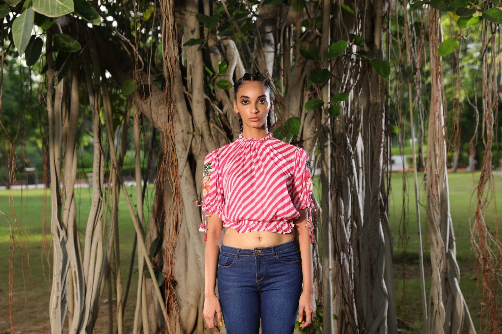 Chiffon lehariya ruched neck top