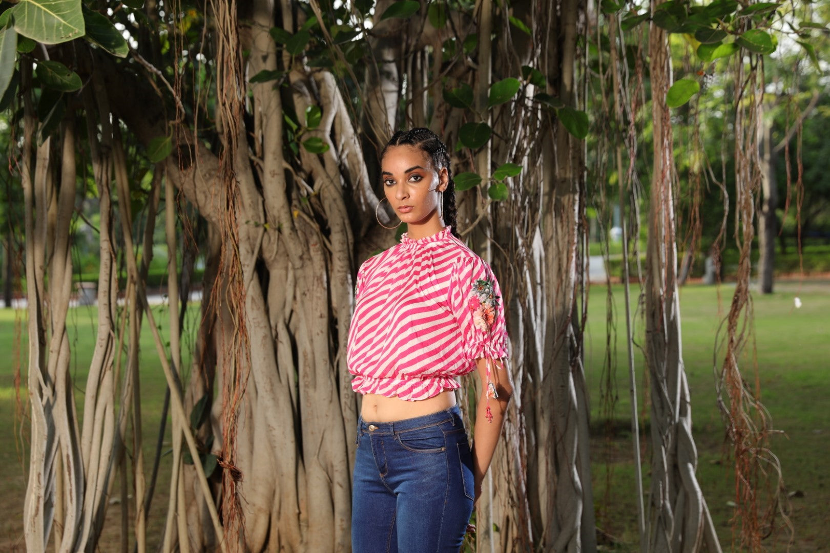 Chiffon lehariya ruched neck top