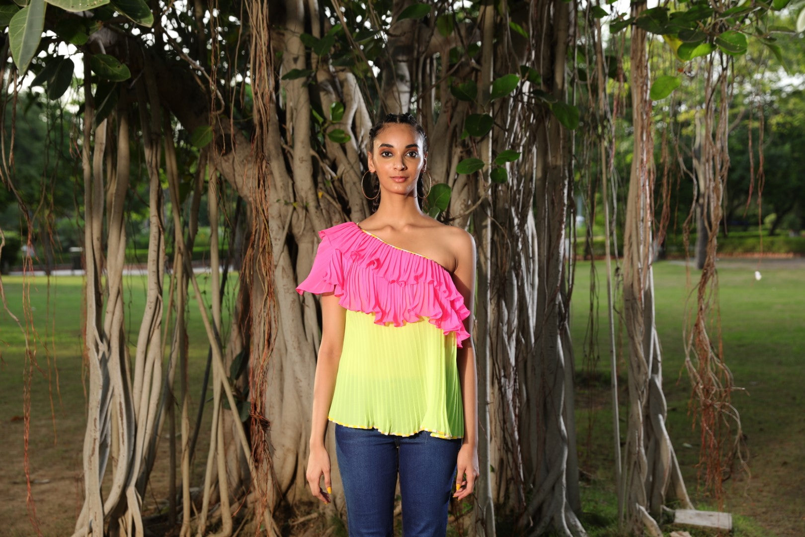 Mithai pink and Lime one shoulder pleated top