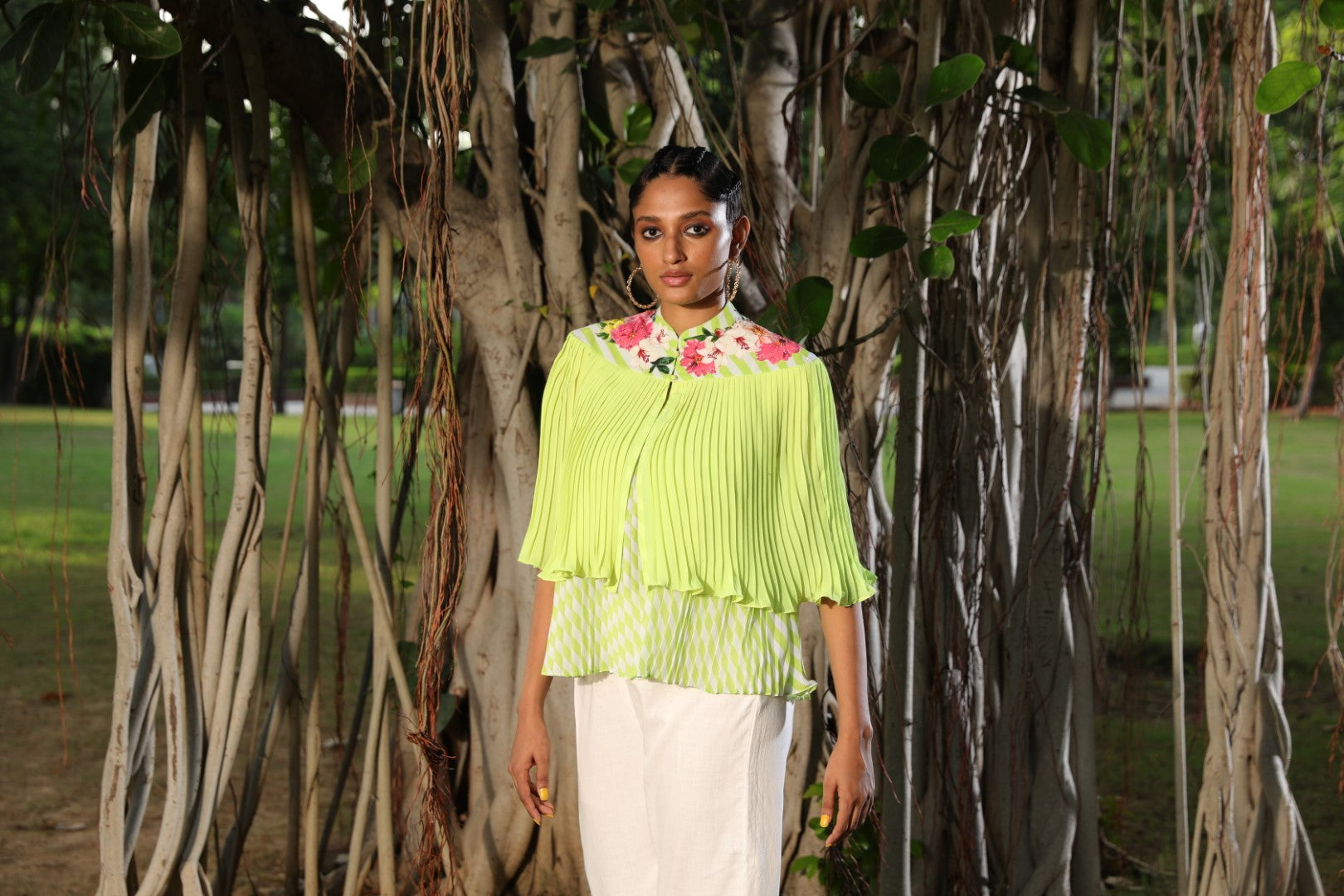 Lime pleated floral emb cape with lehariya top