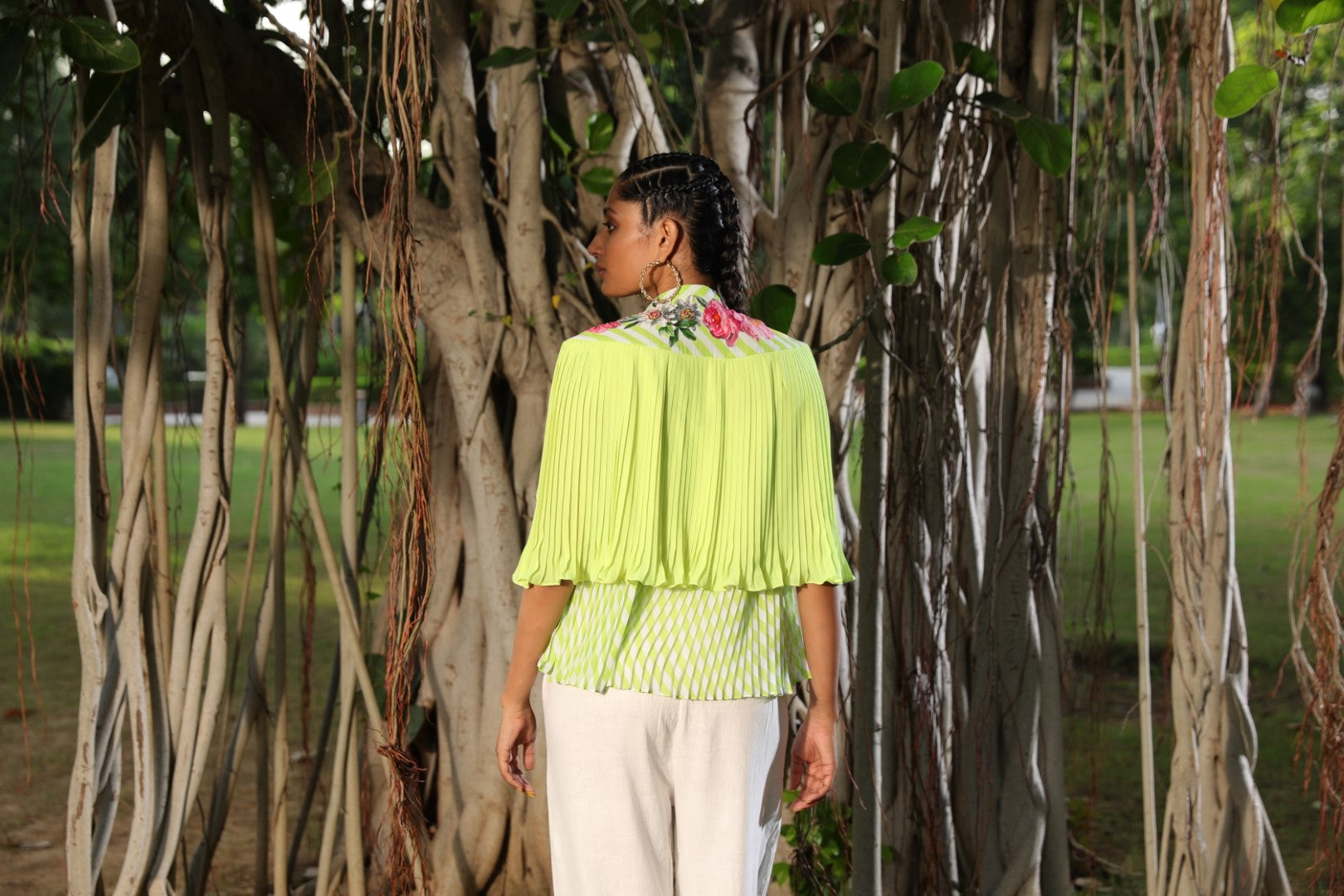 Lime pleated floral emb cape with lehariya top