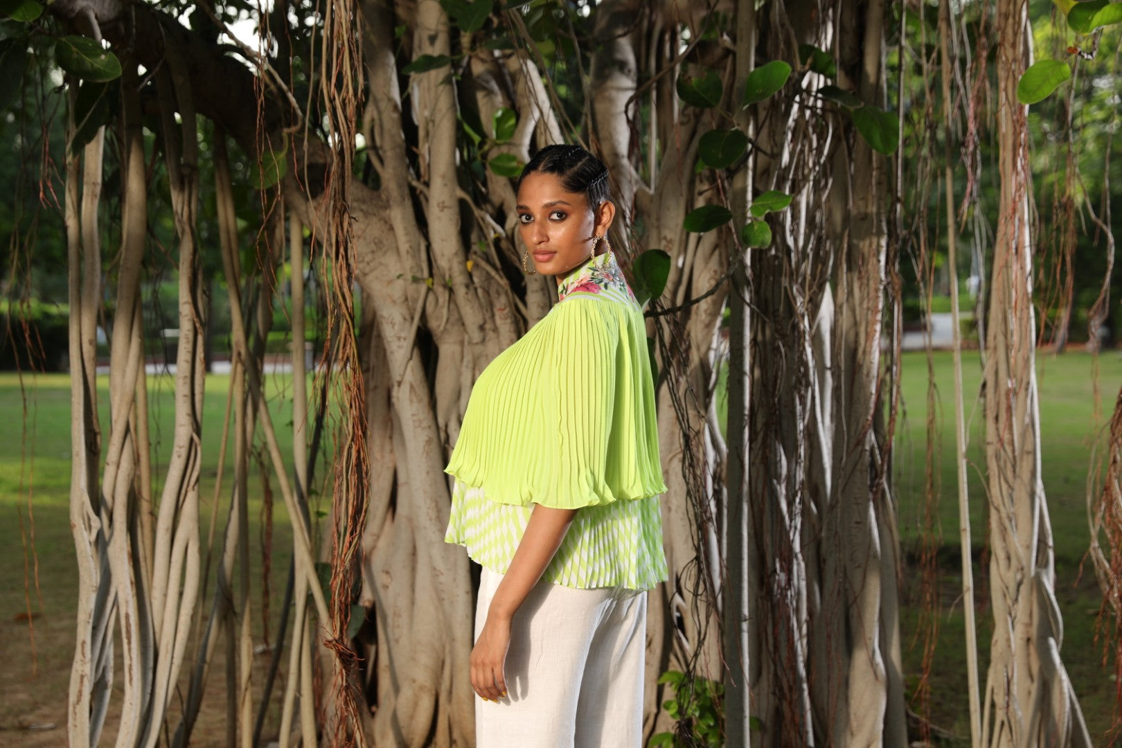 Lime pleated floral emb cape with lehariya top