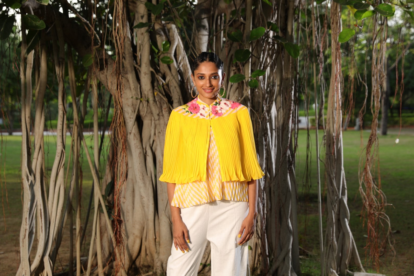Pitambari yellow pleated floral emb cape with lehariya top