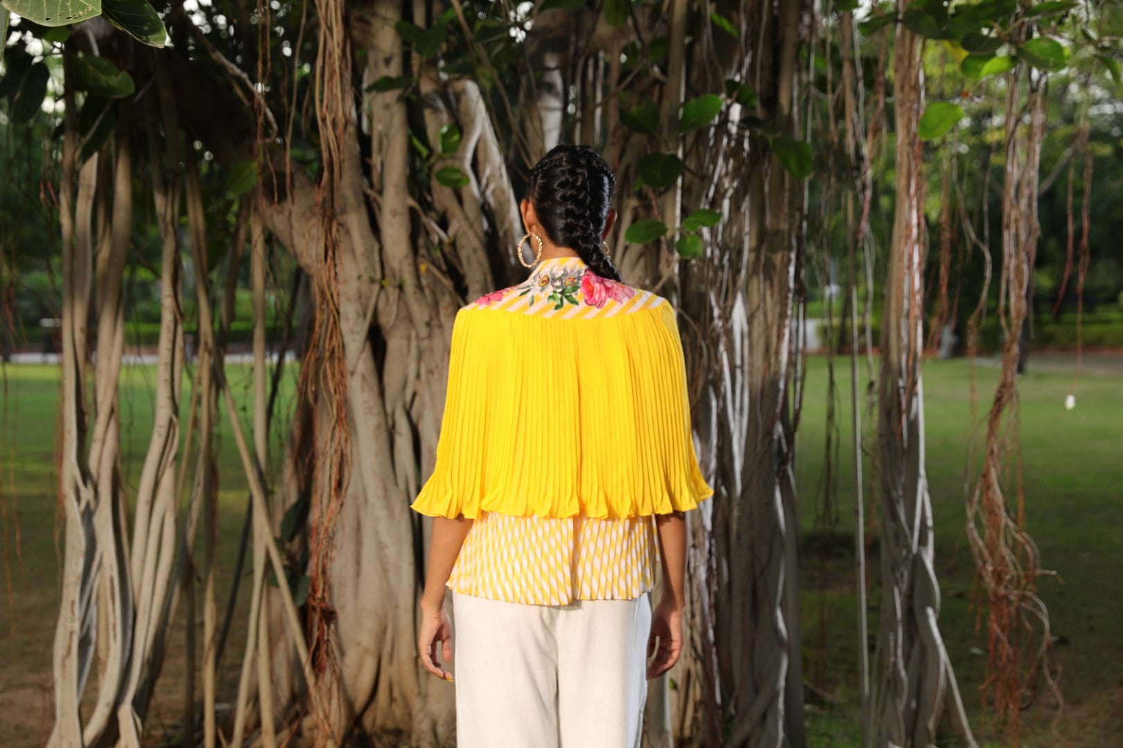 Pitambari yellow pleated floral emb cape with lehariya top