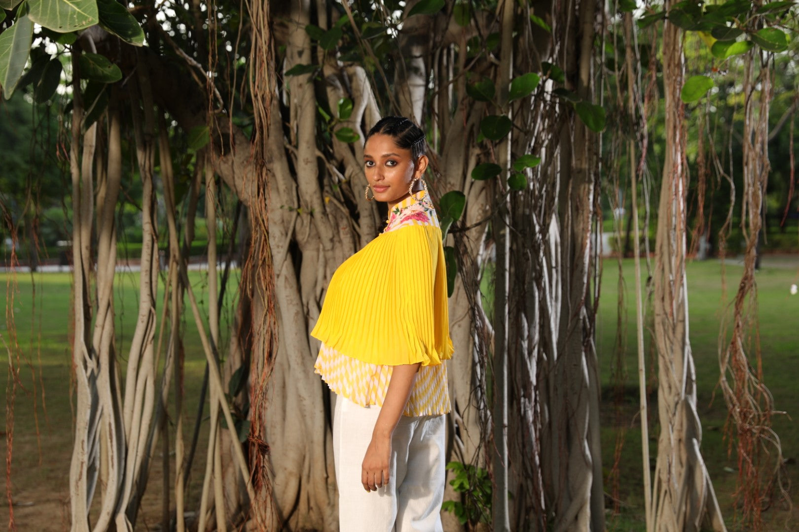 Pitambari yellow pleated floral emb cape with lehariya top