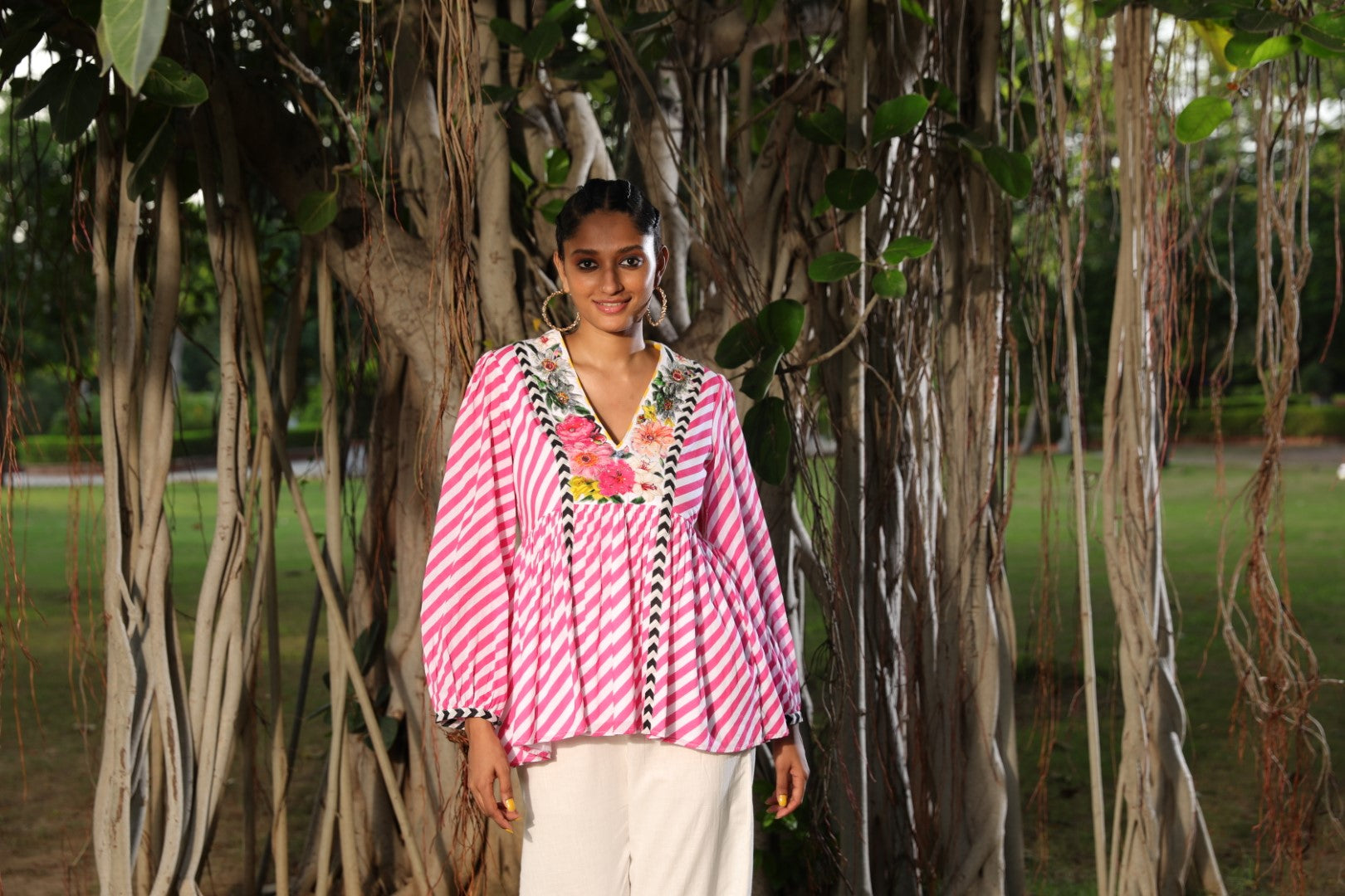 Mithai pink floral embroidered lehariya cotton top