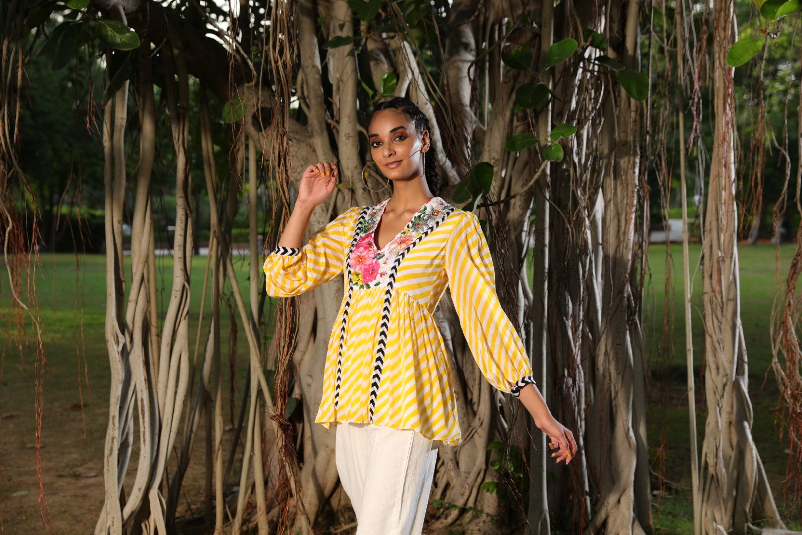 Pitambari yellow floral embroidered lehariya cotton top