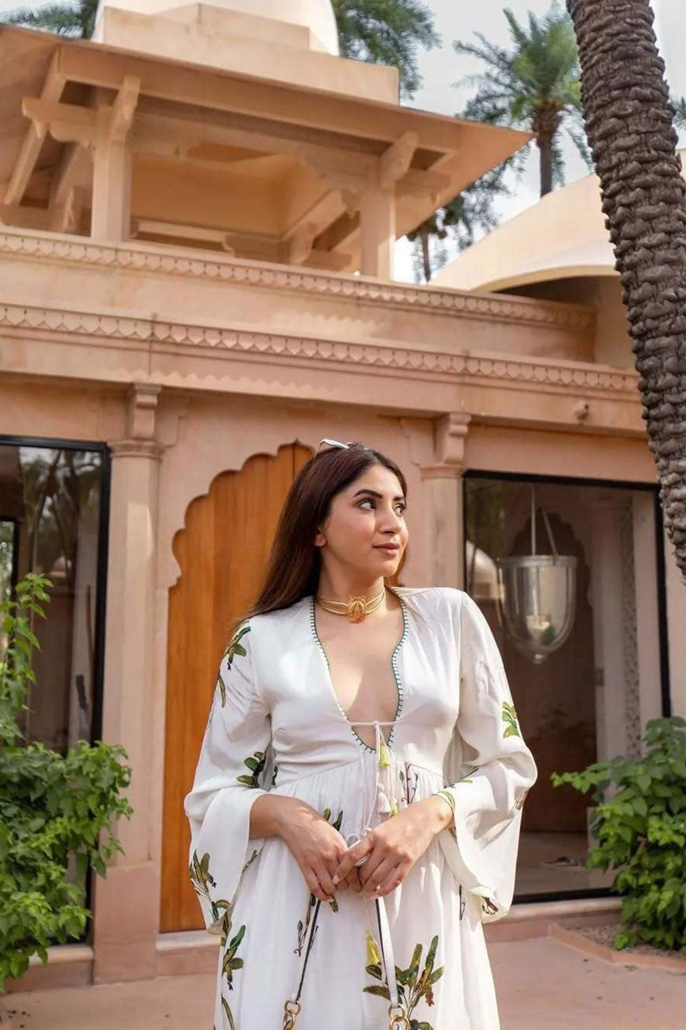 AASHNA SHROOF in Off-White Hand painted Banana Tree Print Kaftan Dress