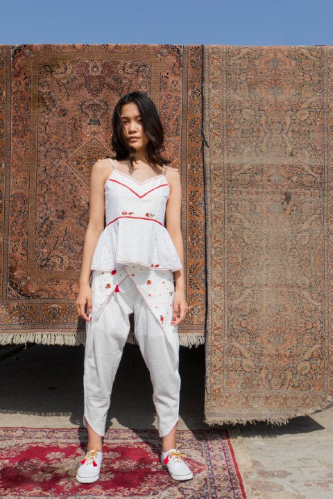 Hand Woven Cotton Emb. Tie-up Cami Top with, hand Stitches And Tassels Details. Azo Free