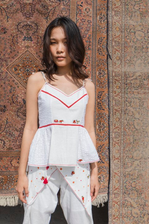 Hand Woven Cotton Emb. Tie-up Cami Top with, hand Stitches And Tassels Details. Azo Free
