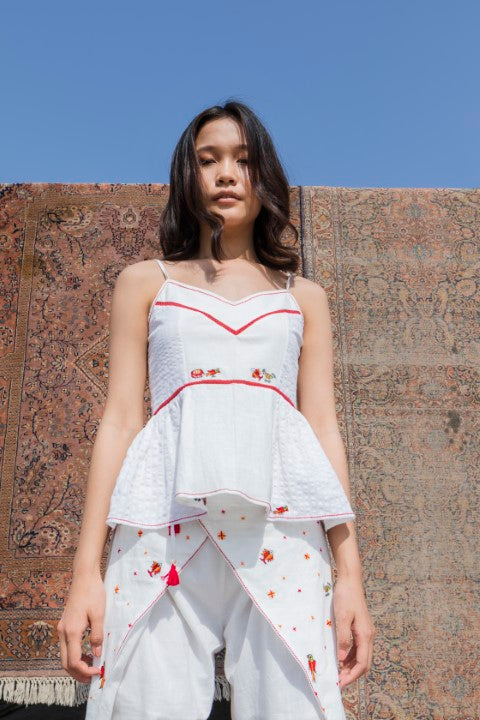 Hand Woven Cotton Emb. Tie-up Cami Top with, hand Stitches And Tassels Details. Azo Free