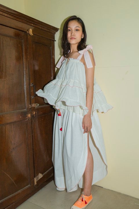 Hand Woven Cotton Emb. Tie-up Ruffled Cami Top with MulMul Lining And Tassels Details. Azo Free