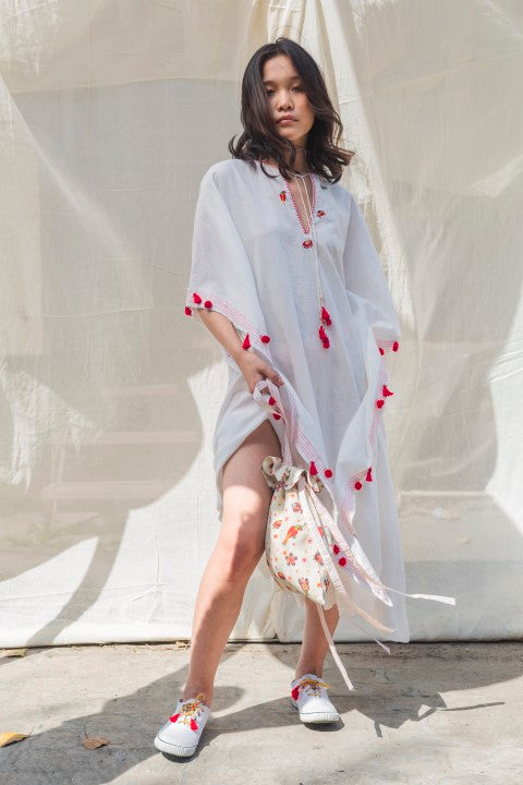 Hand Woven Cotton Kaftan Style Dress with Blanket Stitch, Tassels and Stitch Detailing.Azo Free