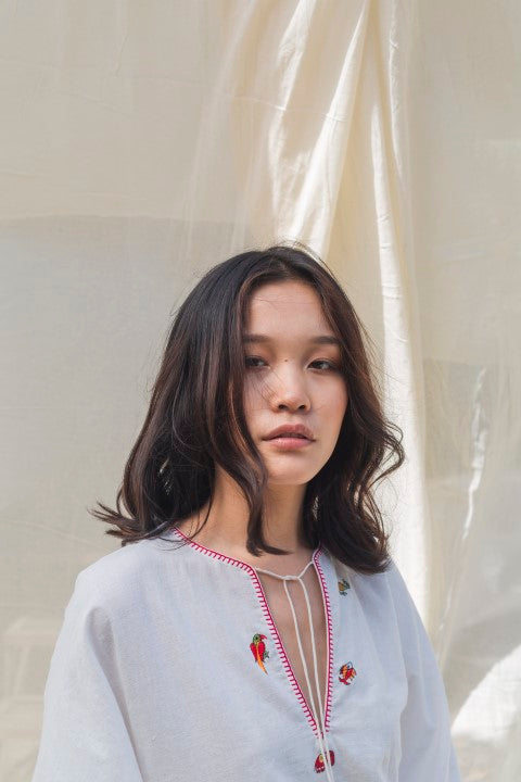 Hand Woven Cotton Kaftan Style Dress with Blanket Stitch, Tassels and Stitch Detailing.Azo Free