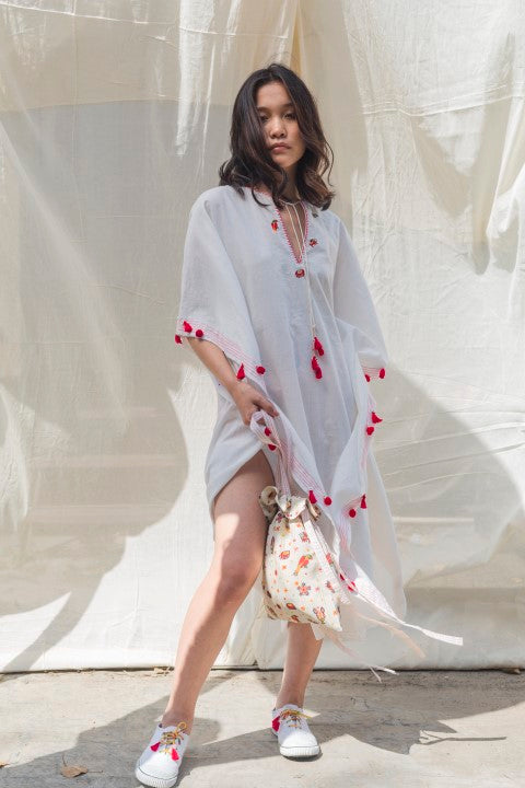 Hand Woven Cotton Kaftan Style Dress with  Blanket Stitch, Tassels and Stitch Detailing.Azo Free
