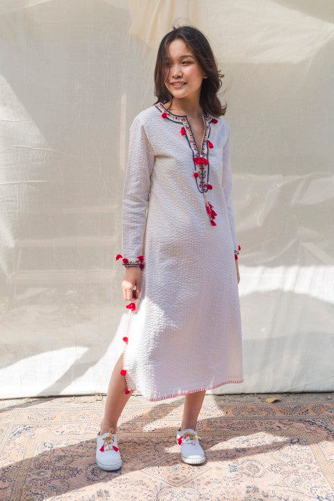Hand Woven Cotton Emb. Straight Dress with Tassels And PomPom Detailing. Azo Free