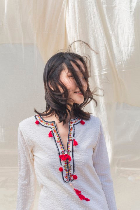 Hand Woven Cotton Emb. Straight Dress with Tassels And PomPom Detailing. Azo Free