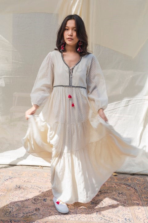 Hand Woven Cutwork Chanderi Emb. Yoke Tiers Dress and Tassels Detailing. Azo Free