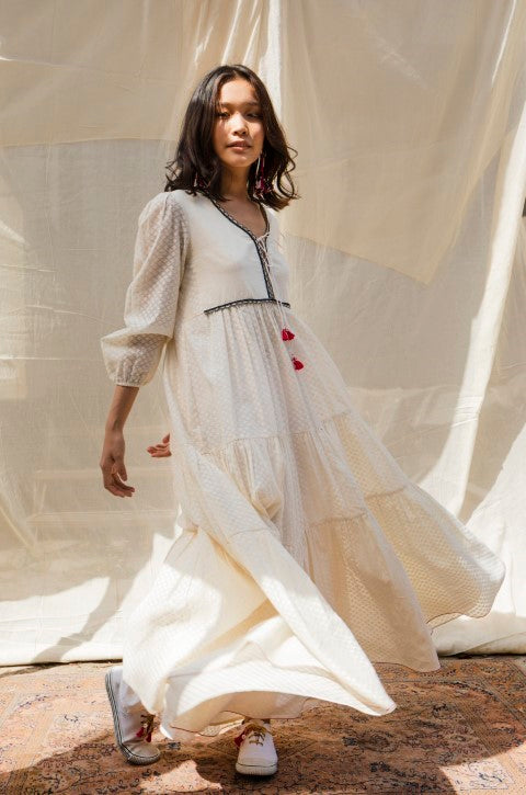 Hand Woven Cutwork Chanderi Emb. Yoke Tiers Dress and Tassels Detailing. Azo Free