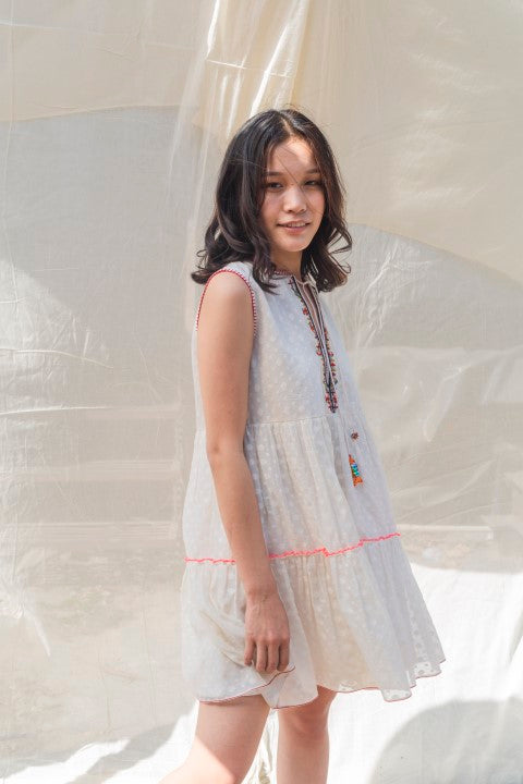 Hand Woven CutWork Chanderi Embr. Dress with Exposed Gathers and Tassels Detailing. Azo Free