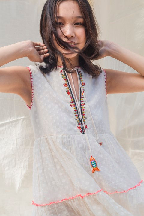 Hand Woven CutWork Chanderi Embr. Dress with Exposed Gathers and Tassels Detailing. Azo Free