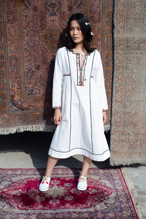 Hand Woven Cotton Emb. Dress with Tassels Detailing. Azo Free