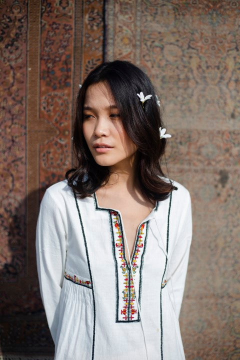 Hand Woven Cotton Emb. Dress with Tassels Detailing. Azo Free