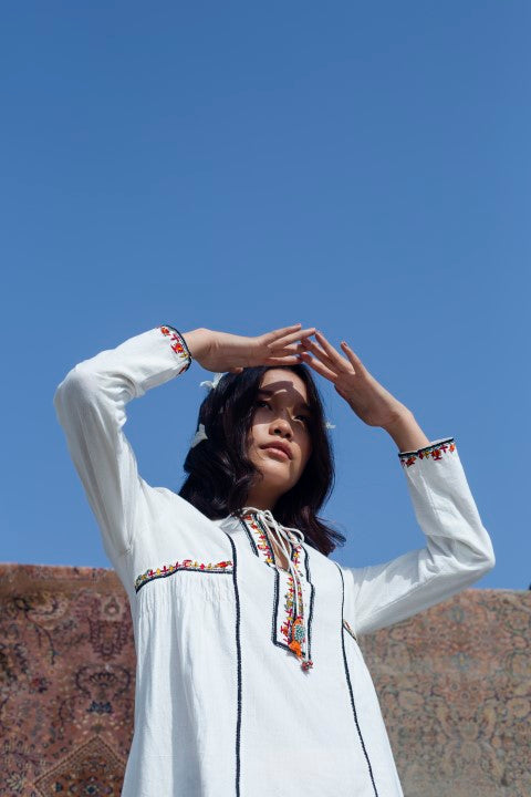 Hand Woven Cotton Emb. Dress with Tassels Detailing. Azo Free
