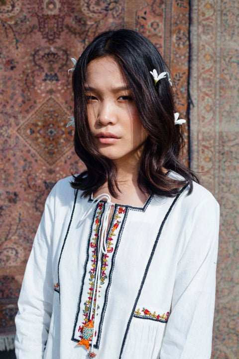 Hand Woven Cotton Emb. Dress with Tassels Detailing. Azo Free