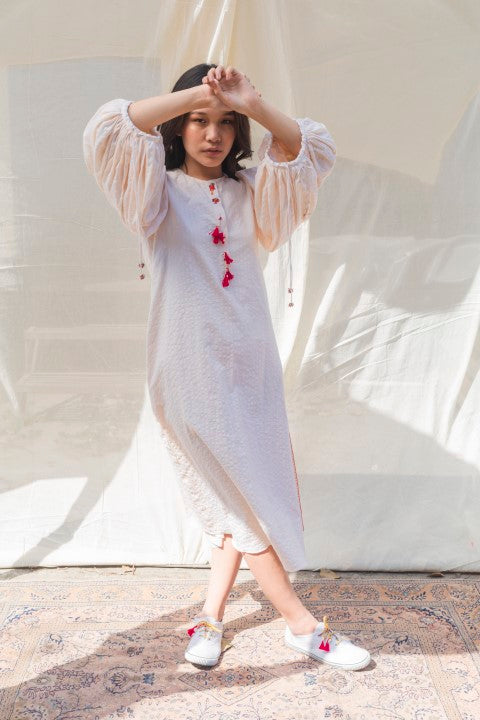 Seersucker Hand Woven Emb. A-Line Dress with Tassels Detailing. Azo Free