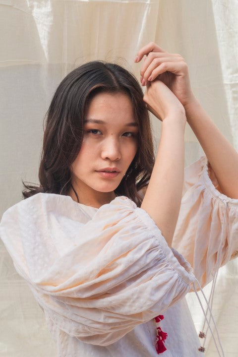 Seersucker Hand Woven Emb. A-Line Dress with Tassels Detailing. Azo Free