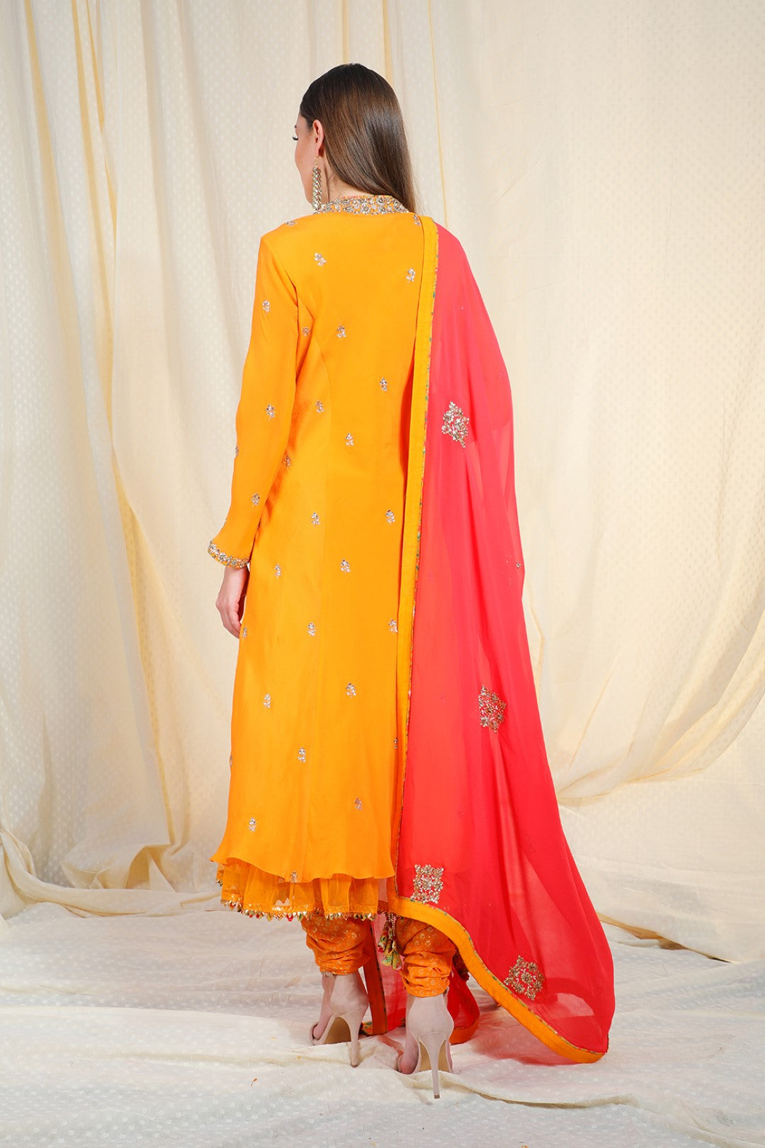 Peshawari Orange crepe kurta with chudidar and georgette dupatta