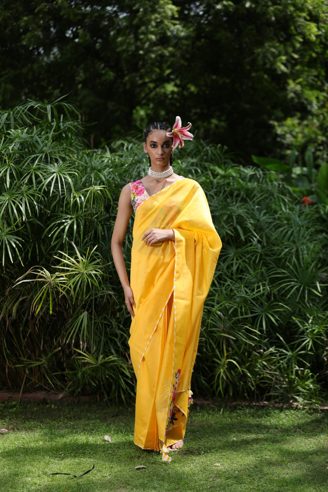 Pitambari yellow chanderi saree saree with printed unstitched blouse fabric