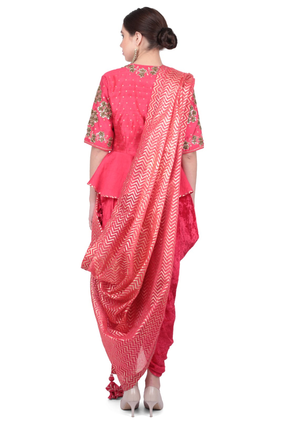ZARDOZI EMBROIDERED SILK PEPLUM TOP WITH DHOTI AND CHEVRON DUPATTA