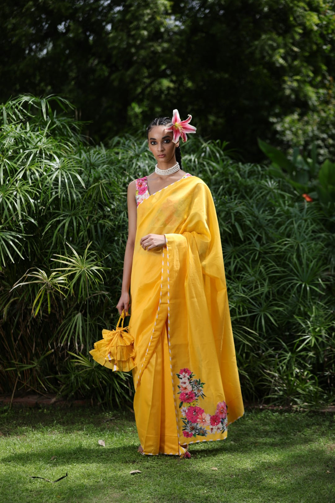 Pitambari yellow chanderi saree saree with printed unstitched blouse fabric