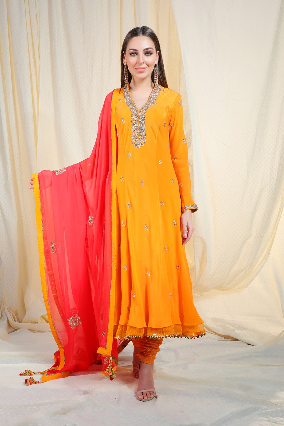 Peshawari Orange crepe kurta with chudidar and georgette dupatta