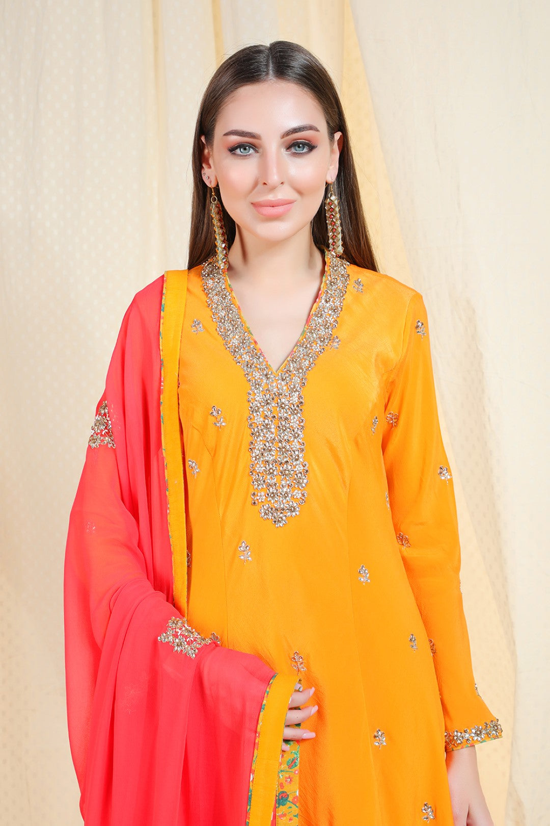 Peshawari Orange crepe kurta with chudidar and georgette dupatta