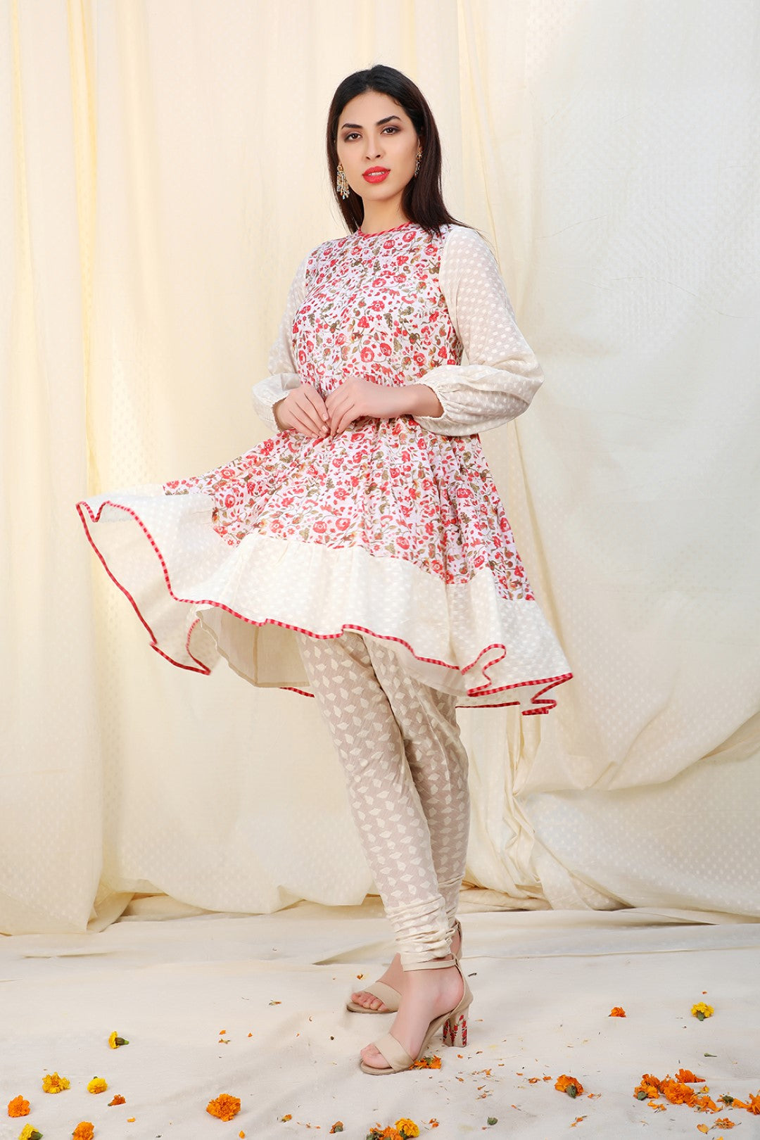 jamdani multi godet A-line kurta with churidar and dupatta.