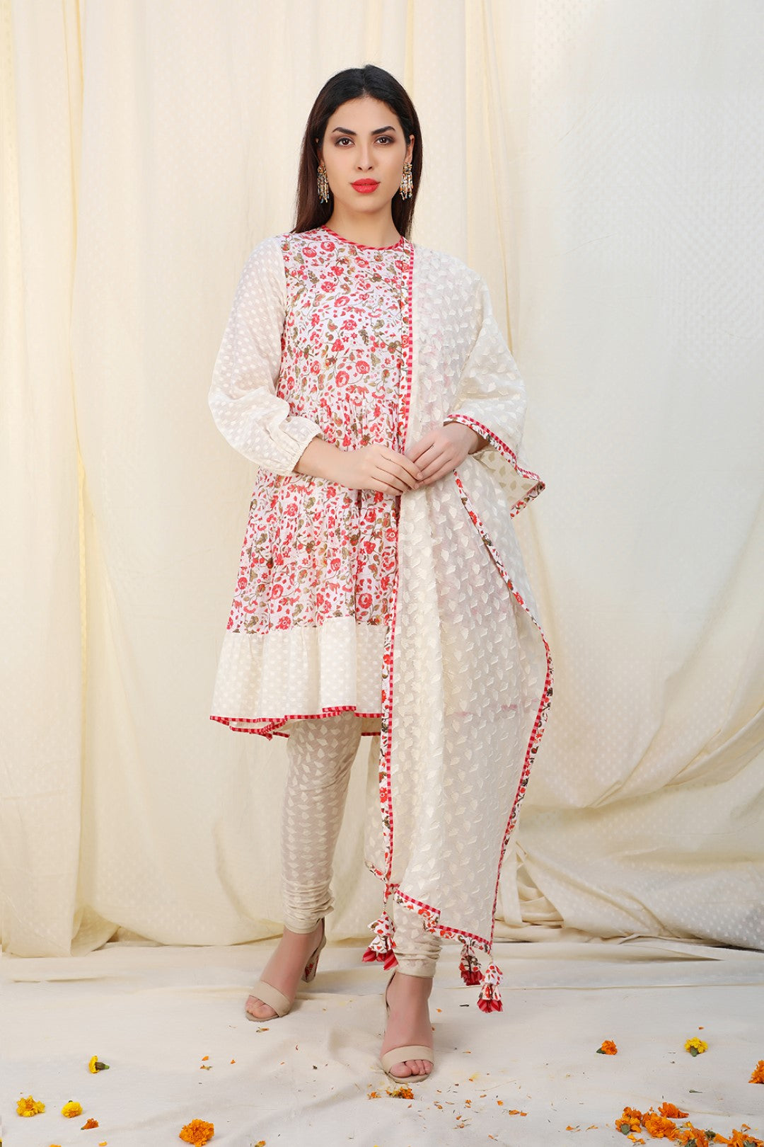 jamdani multi godet A-line kurta with churidar and dupatta.