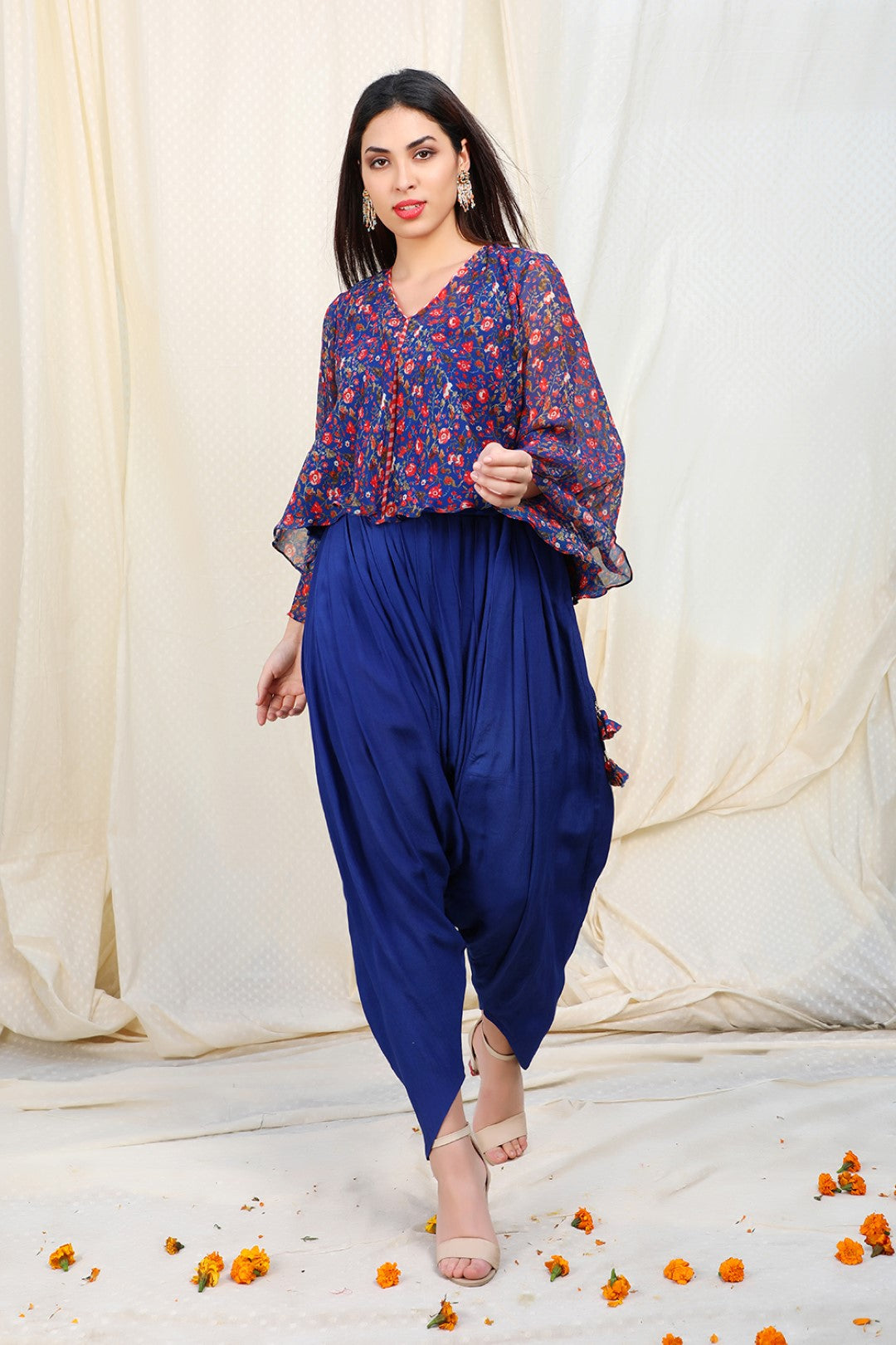 lapis blue chiffon top with crepe dhoti
